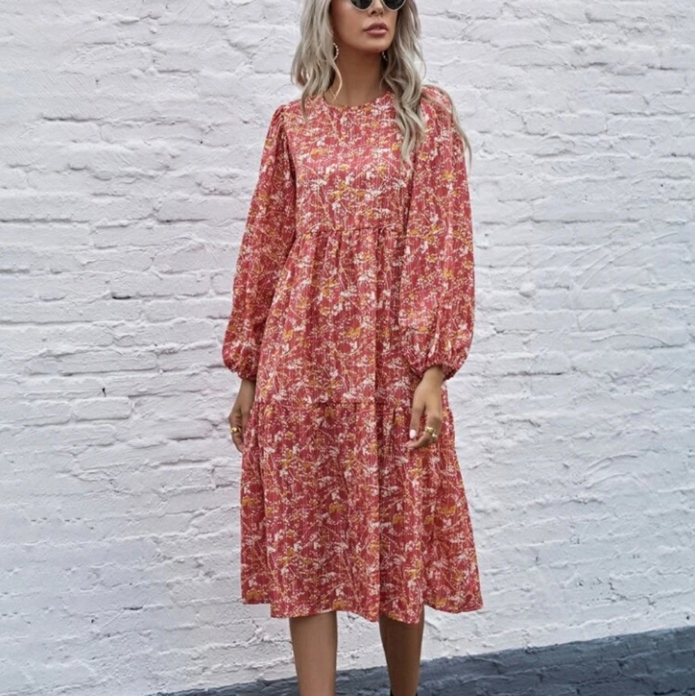 NEW Floral Print Lantern Sleeve Dress - Picture 3 of 16